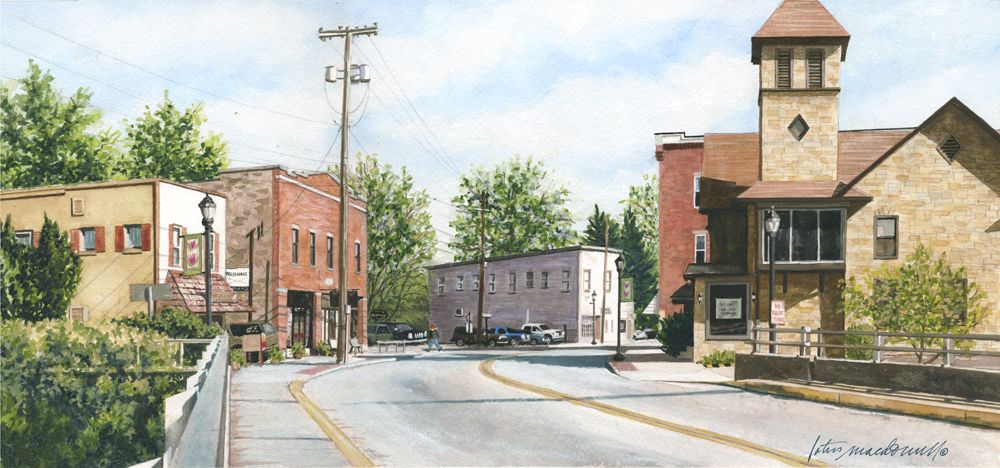 Main Street:  Bridgeport, WV- Limited Edition Giclee Print. The small-town life you see here in this classic depiction of a street scene in Rural America is originally painted in watercolor by Lotus MacDowell Artworks WV. Now this image is available as a Limited Edition Giclee Print titled "Main Street, Bridgeport". 