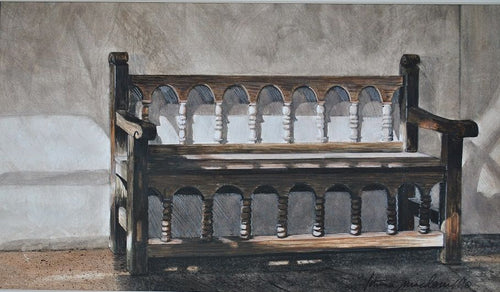 Mission Bench-Napa Valley, CA- Limited Edition Giclee Print. Introducing a stunning new original watercolor and graphite image of an old carved bench in late afternoon sunlight titled “Mission Bench