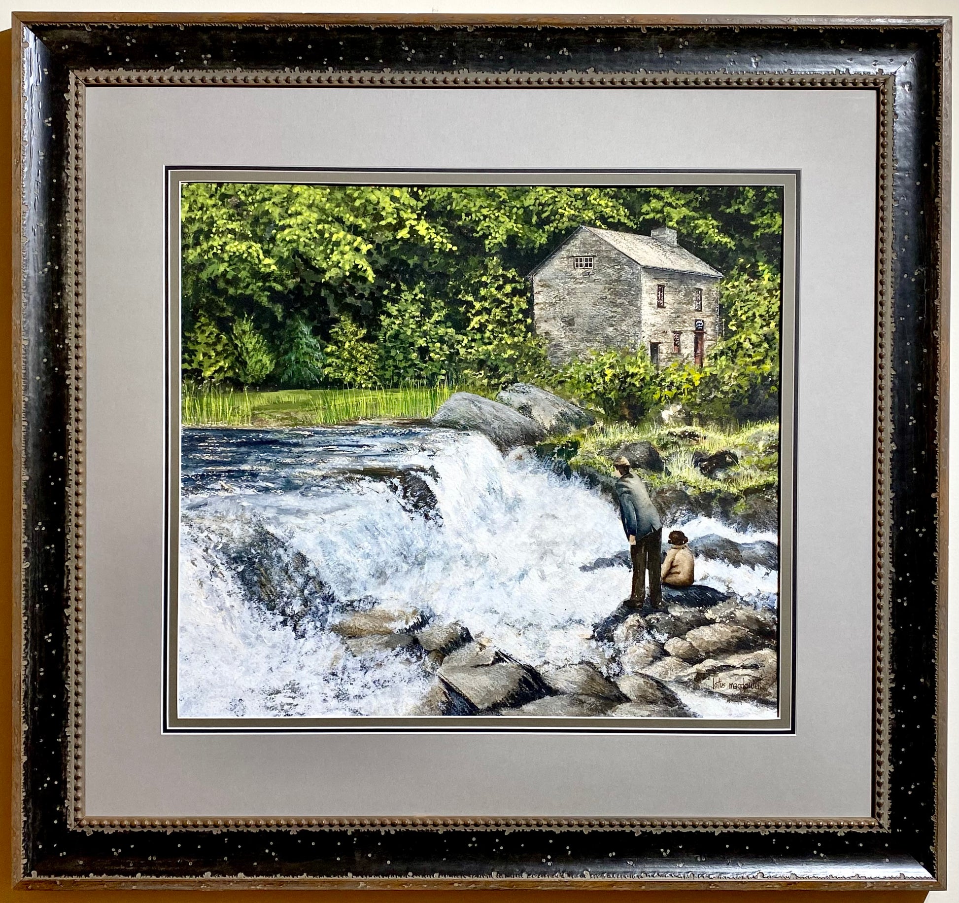 Waters Edge- Belfast, Northern Ireland - Original Watercolor Painting by Lotus MacDowell, Artworks WV.  Sometimes a scene in a painting can evoke feelings of awe, contentment and enjoyment all at the same time. This painting, titled "Northern Ireland", is by Lotus MacDowell and depicts a beautiful waterfall surrounded by rocks and deep green foliage. 