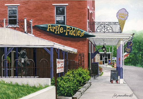 Purple Fiddle-Canaan Valley, WV-Limited Edition Giclee Print, original watercolor by Lotus MacDowell, Artworks WV.  The Purple Fiddle is a cool, funky place where live music is played along with great food and a whole different audience than you would ordinarily find in one place. This Limited Edition Giclee Print was made from a full color watercolor painting by Lotus MacDowell. There is purple splashed everywhere which adds to this extravagant, unique place. 