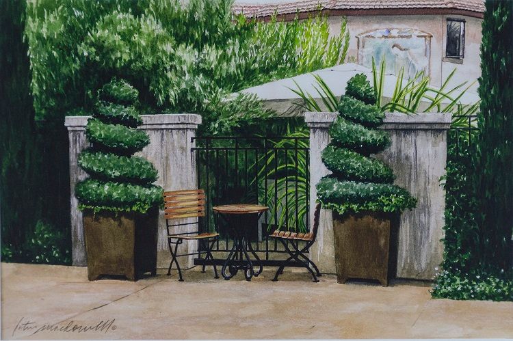 Rendezvous-Napa Valley, CA- Limited Edition Giclee Print, original watercolor by Lotus MacDowell, Artworks WV.  There is something intriguing about a table and two chairs in a café setting; perfect for a "Rendezvous", the exquisite watercolor painting by Lotus MacDowell. In this image the lush green ornamental trees create a private area beside large pillars and an iron gate, with the table and chairs tucked in the middle.