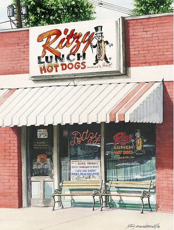 Ritzy Lunch-Clarksburg, WV- Limited Edition Giclee Print, original watercolor by Lotus MacDowell, Artworks WV.  See this beautiful close-up rendering of a small-town local bar and restaurant and you will want to grab a hot dog and sit on those front benches, enjoying the sunshine. This watercolor painting by Lotus MacDowell will bring a sense of charm and history to your home, office, or guest house. 