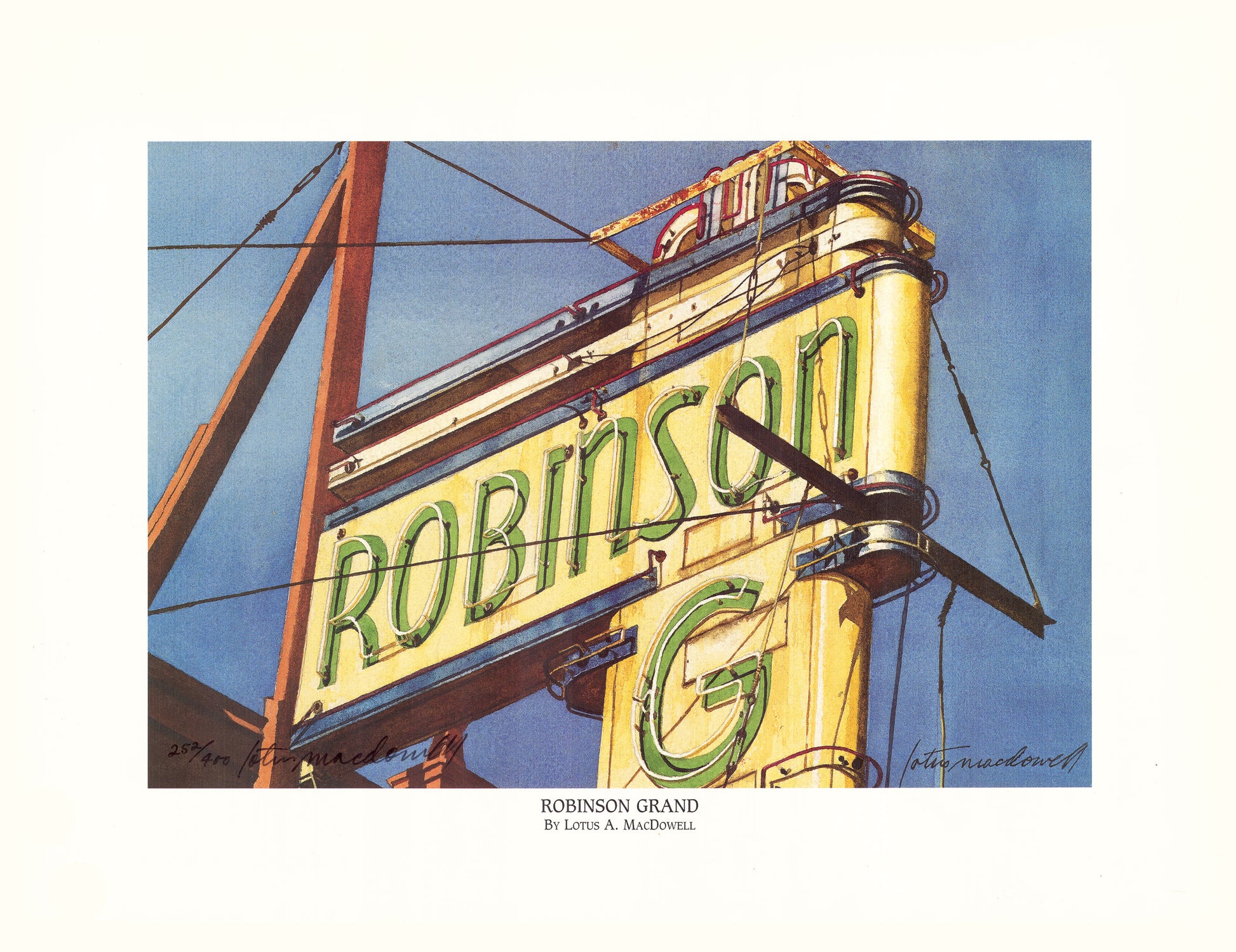 Robinson Grand-Clarksburg, WV- Limited Edition Print: Vintage signs; they're the hottest look in decor. Think contemporary with a twist of cool nostalgia. The original watercolor painting by Lotus MacDowell, Artworks WV, showcases a neon sign in pale washed out yellow with blue stripes and faded green lettering. Very Art deco in design