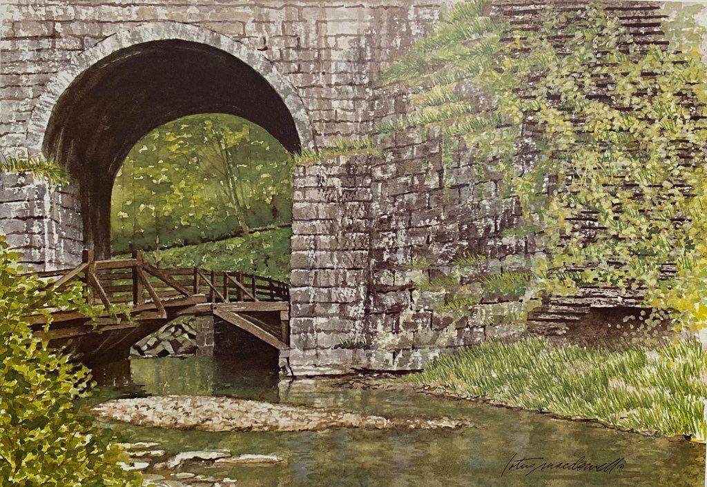 Stone Arch-Preston Co., WV- Limited Edition Print.  Talk about a sweet fishing hole! The original beautiful watercolor painting titled, “Stone Arch - Salt Lick" is by Lotus MacDowell, Artworks WV. The cut stone arch spreads over a small wooden bridge, the hand-hewn timbers of wood still standing after years of wear.