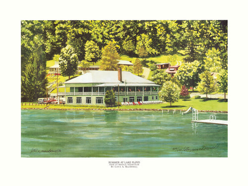 Summer at Lake Floyd-Clarksburg, WV- Limited Edition Print, original watercolor painting by Lotus MacDowell, Artworks WV.  Summertime, and the living is easy...just as we can imagine with this refreshing water scene located in West Virginia. The sun beats down in the summer afternoon on a white clubhouse, with its wrapped screened-in porch, casting cool green shadows on the walls.