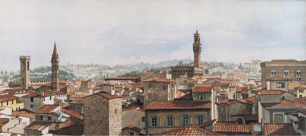 What I Saw-Florence, Italy- Limited Edition Print.  Attention all lovers of architecture and romance! Now you can combine the two into one! This panoramic view of Florence, Italy is from an incredibly detailed watercolor painting by Lotus MacDowell, Artworks WV. 