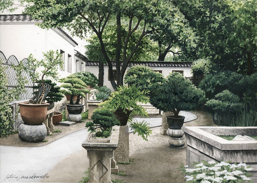 Zen Garden-China- Limited Edition Giclee Print.  Have you ever wanted to escape to some place exotic? Well, now is your opportunity to do so with this magnificent full color, watercolor painting by Lotus MacDowell, Artworks WV. Gaze upon this serene courtyard setting, containing meticulously trimmed bonsai trees of all shapes and sizes and a mysterious path that winds through the middle to lead you back toward the buildings that encompass this secret area. 