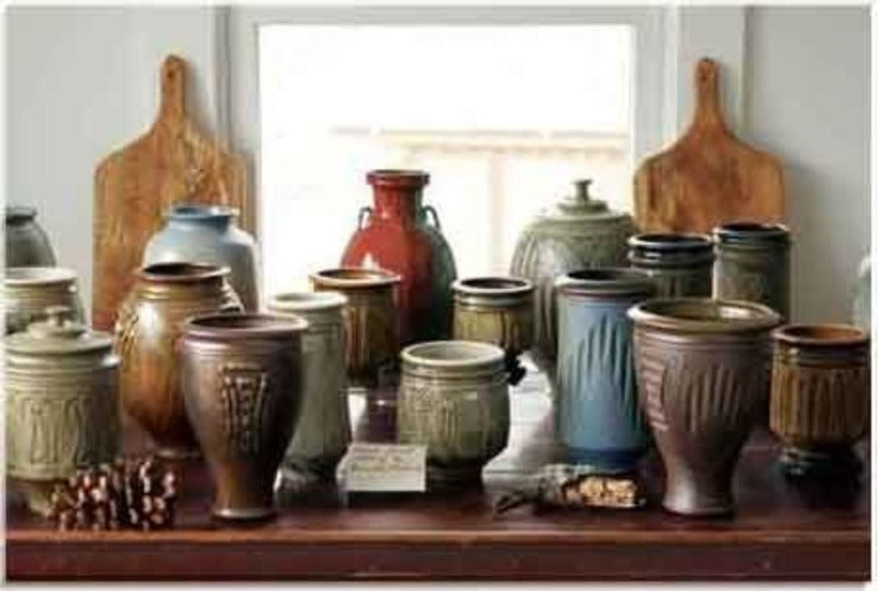 "Self-taught potter and lover of philosophy Brian VanNostrand lives a life of simplicity and independence in Hacker Valley,West Virginia." Available at Artworks WV.  "Each ceramic design by Brian VanNostrand is an original signed by the artist. The pieces are made from blends of many different clays and minerals; some mined in the vicinity of his West Virginia home. The basic shapes are produced on the potter’s wheel. The glazes and surface finishes are original formulae developed by Mr. VanNostrand."