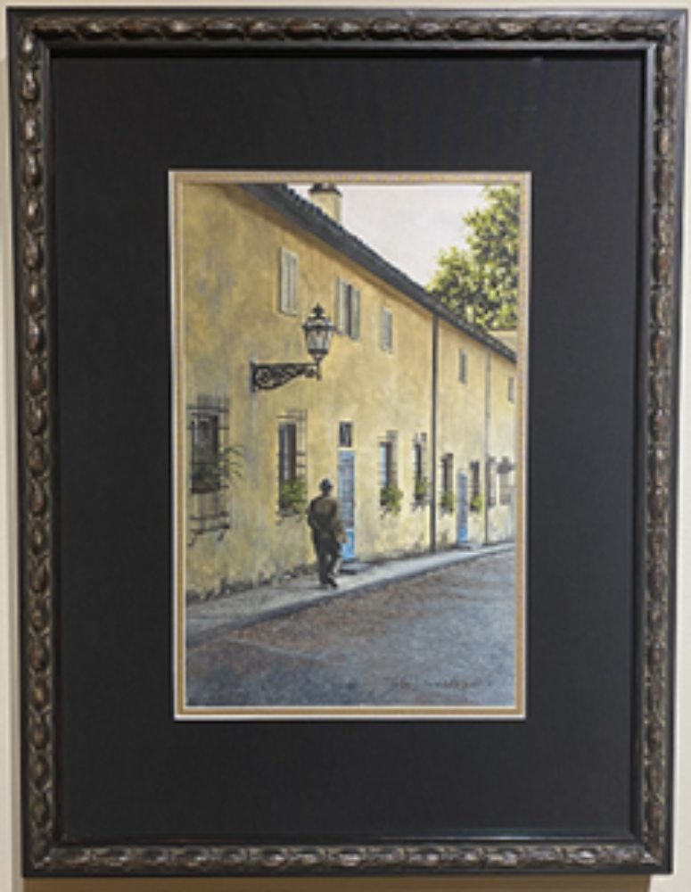 Evening Stroll, Pitti Palace, Florence, Italy- Original Watercolor Painting by Lotus MacDowell, Artworks WV.  Oh, the beauty of Italy-where strolling along the streets is practically a national pastime. Lotus MacDowell has captured the essence of this activity in her watercolor painting of a man strolling in the evening. Appropriately titled "Evening Stroll", Lotus paints the soft, fading sunlight reflected against the pale-yellow stucco building; as a lone figure meanders down the street.
