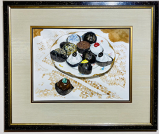 Truffles-Pastry II- Original Watercolor  Painting, with Gold Embellishment.  Wow - just look at those chocolate truffles! This tantalizing display of edible art is the subject for Artworks WV's principle artist, Lotus MacDowell’s watercolor painting called "Truffles-Pastry 2". Displayed on an antique plate that is placed on a lace cloth, each truffle is painstakingly created to look rich, delicious, and unique. 
