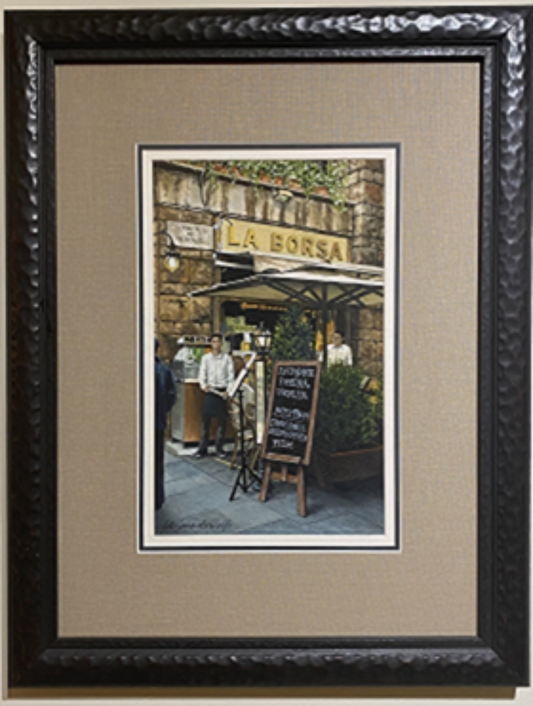LaBorsa: Florence Italy- Original Watercolor Painting by Lotus MacDowell, Artworks WV.  Wow - what you wouldn't give to be seated at this charming little cafe in the center of Florence! Just watching the people stroll by while you sip on a cappuccino or savor a glass of wine, eating delicious Italian fare...it doesn't get any better than that. That's why you will love this incredibly detailed watercolor painting, titled "La Borsa", by Lotus MacDowell.