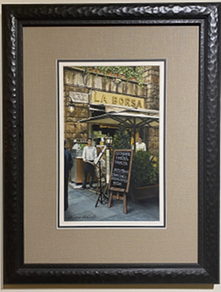 LaBorsa: Florence Italy- Original Watercolor Painting by Lotus MacDowell, Artworks WV.  Wow - what you wouldn't give to be seated at this charming little cafe in the center of Florence! Just watching the people stroll by while you sip on a cappuccino or savor a glass of wine, eating delicious Italian fare...it doesn't get any better than that. That's why you will love this incredibly detailed watercolor painting, titled 