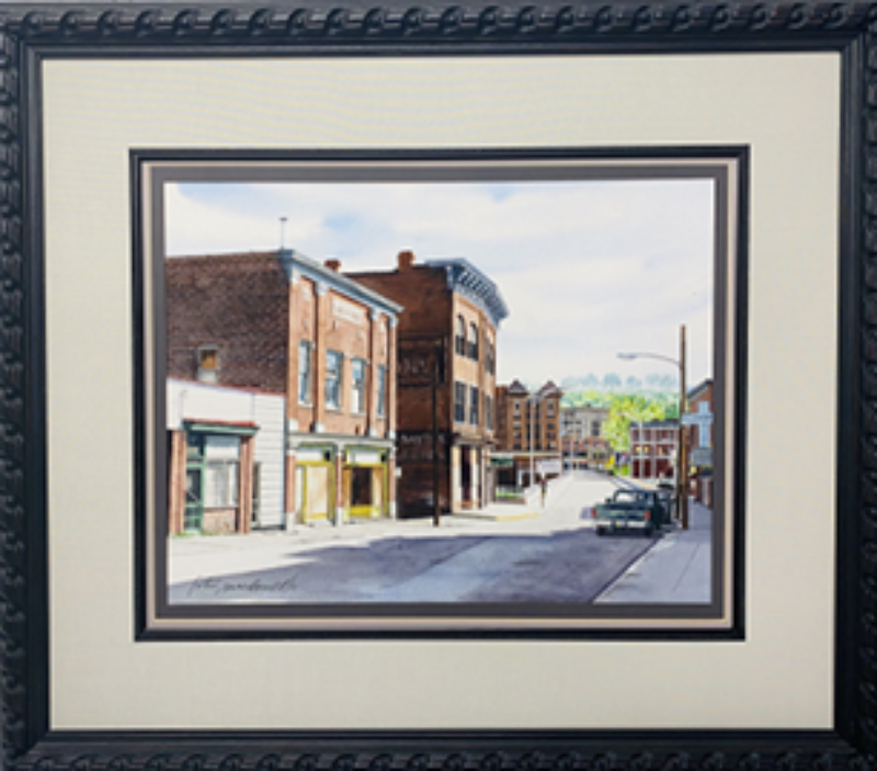Sons of Italy-Clarksburg, WV- Original Watercolor Painting by Lotus MacDowell, Artworks WV.  This is the old warehouse district of Clarksburg, WV. Lotus was drawn to the architecture of the Sons of Italy building. Even though it was boarded up, it still had a dignity about it that was nice.