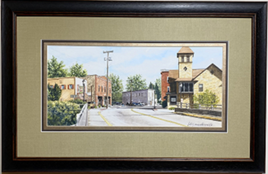 Main Street:  Bridgeport, WV- Original Watercolor Painting: This small-town life you see here in this classic depiction of a street scene in Rural America is an original watercolor painting by Lotus MacDowell, Artworks WV. Titled "Main Street, Bridgeport" it's where old architecture gives an area character, with sunlight spilling across the road and a small local coffee shop...all the ingredients for a nice, lazy day.