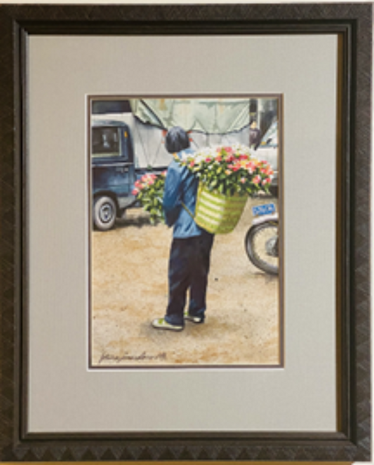 lower Vendor:  Tonglii, China- Original Watercolor Painting by Lotus MacDowell, Artworks WV.  Flowers, anyone? This charming image is a full color watercolor painting by Lotus MacDowell, inspired by her travels to China. The title, "Flower Vendor- Tonglii, China", beautifully depicts a woman in the streets with a huge basket on her back filled with flowers, selling to passersby.