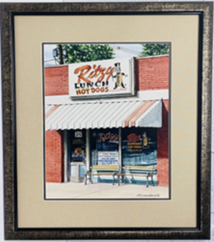 Ritzy Lunch-Clarksburg, WV- Original Watercolor Painting by Lotus MacDowell, Artworks WV.  See this beautiful close-up rendering of a small-town local bar and restaurant and you will want to grab a hot dog and sit on those front benches, enjoying the sunshine. This watercolor painting by Lotus MacDowell will bring a sense of charm and history to your home, office, or guest house.