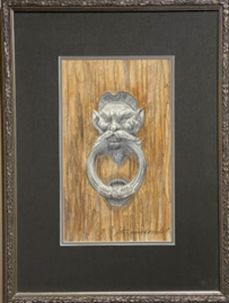 Doorknocker: Florence, Italy - Original Watercolor Painting with Graphite by Lotus MacDowell, Artworks WV.  Sometimes the small details in life are the most overlooked and under appreciated; just like this lovely rendering of a door knocker in Italy. The artist has kept the color palette simple to enhance the main subject. 